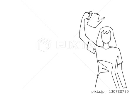 Single continuous line drawing woman watering her head of flowering plants with a watering can. Always think clearly. Symbol. International Day of Plant Health. One line design vector illustration Single continuous line drawing woman watering her head of flowering plants with a watering can. Always think clearly. Symbol. International Day of Plant Health. One line design vector illustration 130788759