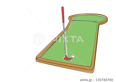 Single one line drawing mini golf stick and golf ball on the mini golf field. A set of necessities for exercising. Outdoor sports. National Mini Golf Day. Continuous line design graphic illustration 130788760