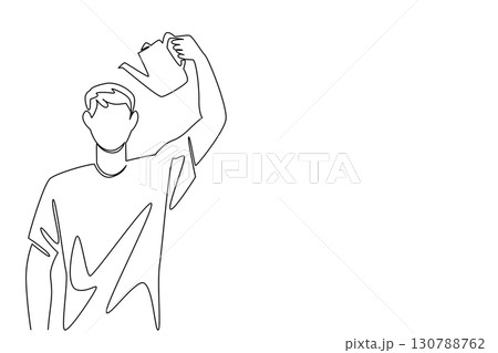 Single one line drawing man watering his head of flowering plants with a watering can. Always keep thinking positive. International Day of Plant Health. Continuous line design graphic illustration 130788762