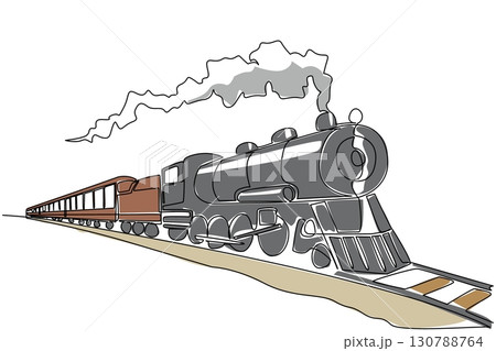 Single continuous line drawing locomotive with its smoke. The result of burning fossil fuels. Classic train passing by. Chimney. Air pollution. National Train Day. One line design vector illustration Single continuous line drawing locomotive with its smoke. The result of burning fossil fuels. Classic train passing by. Chimney. Air pollution. National Train Day. One line design vector illustration 130788764