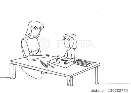 Single continuous line drawing a female babysitter sitting with a girl drawing together at a table. The nanny and education. The governess. National Babysitter Day. One line design vector illustration Single continuous line drawing a female babysitter sitting with a girl drawing together at a table. The nanny and education. The governess. National Babysitter Day. One line design vector illustration 130788770