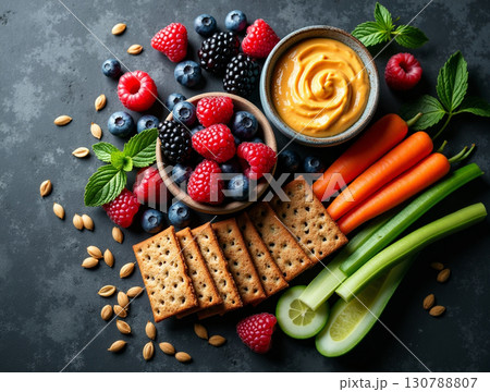 Appetizing Still Life of Mixed Fresh Fruit and Healthy Snacks 130788807