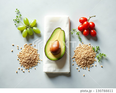 Clean Overhead Food Still Life with Avocado, Grapes and Tomatoes Clean Overhead Food Still Life with Avocado, Grapes and Tomatoes 130788811