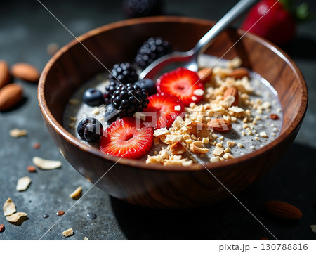 Delicious and Healthy Chia Seed Pudding Breakfast Bowl with Fresh Fruit 130788816