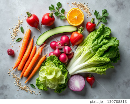 Fresh and Colorful Assortment of Healthy Vegetables and Fruits Still Life 130788818