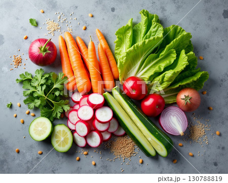 Flat Lay Fresh Raw Colorful Vegetables Still Life Arrangement Food Flat Lay Fresh Raw Colorful Vegetables Still Life Arrangement Food 130788819