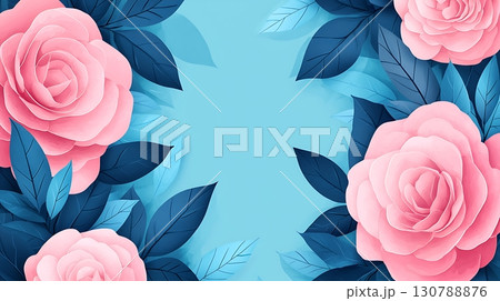 Elegant Pink Roses with Lush Green Leaves on a Soft Blue Background for Decorative Use 130788876