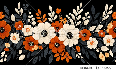 Elegant Floral Arrangement with White and Orange Flowers on Black Background 130788901