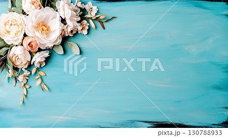 Beautiful Floral Arrangement on Textured Aqua Blue Background for Elegant Designs 130788933