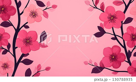 Vibrant Floral Design with Pink Blossoms and Leaves on a Soft Pink Background 130788935