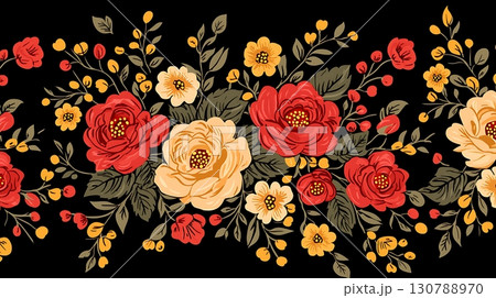 Vibrant Floral Pattern with Roses and Yellow Flowers on a Black Background for Design Projects Vibrant Floral Pattern with Roses and Yellow Flowers on a Black Background for Design Projects 130788970