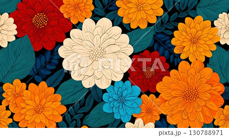 Vibrant Floral Pattern with Bright Colored Flowers and Dark Background Design Vibrant Floral Pattern with Bright Colored Flowers and Dark Background Design 130788971