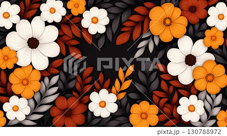Vibrant Floral Pattern with Bold Orange and White Flowers on Black Background Vibrant Floral Pattern with Bold Orange and White Flowers on Black Background 130788972