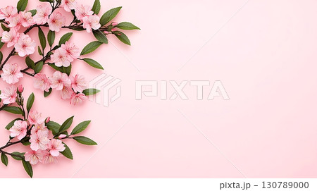 Pink Cherry Blossom Flowers on Soft Pink Background with Green Leaves for Spring Aesthetic 130789000