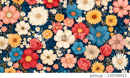 Colorful Floral Pattern with Various Flowers and Green Leaves on Dark Background Colorful Floral Pattern with Various Flowers and Green Leaves on Dark Background 130789011