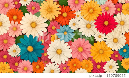 Colorful Floral Background with Diverse Daisy Flowers in Various Shades and Arrangements 130789035