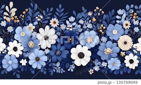 Elegant Floral Arrangement in Shades of Blue with White Accents on Dark Background 130789049
