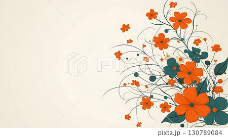 Vibrant Floral Design with Orange Blooms and Green Leaves on a Soft Cream Background 130789084