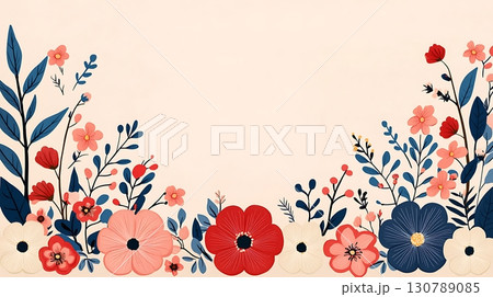 Colorful Floral Border Design with Various Flowers and Leaves on Soft Background 130789085