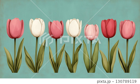 Colorful tulips with vibrant petals arranged in a row against a teal background 130789119