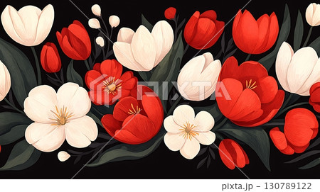 Vibrant Floral Arrangement with Red and White Tulips on a Black Background for Decoration 130789122