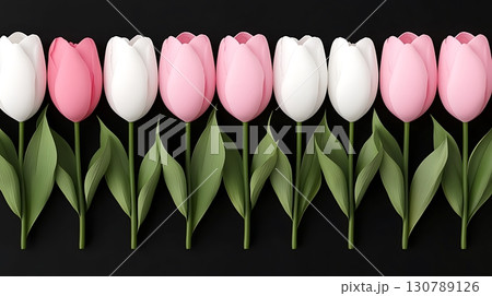 Colorful Tulips Arrangement on Black Background for Creative Floral Design 130789126