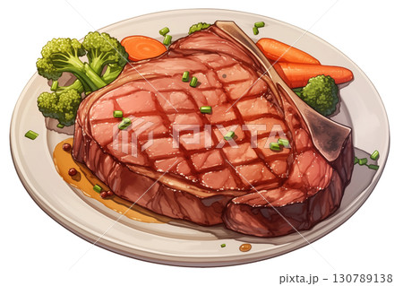 骨付きステーキと野菜のリアル透明水彩の透過イラスト 130789138