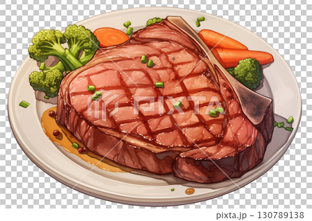 骨付きステーキと野菜のリアル透明水彩の透過イラスト 130789138