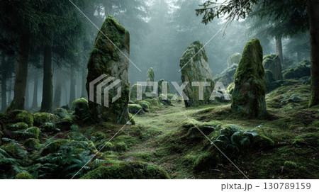 Moss covered standing stones forest ancient misty mysterious green tranquil nature landscape 130789159