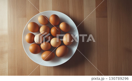 Chicken eggs organic fresh real food protein on white plate wooden table background 130789296