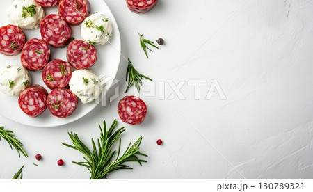 Salami beef cream cheese home made on white plate copy space background 130789321