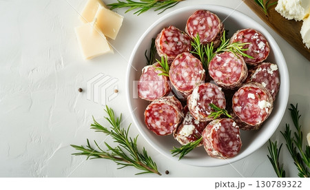 Salami beef cream cheese home made on white plate copy space background 130789322