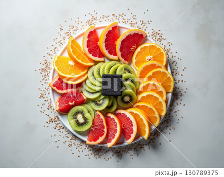 Flat Lay Delicious Fresh Fruit Combination Platter Food Arrangement 130789375