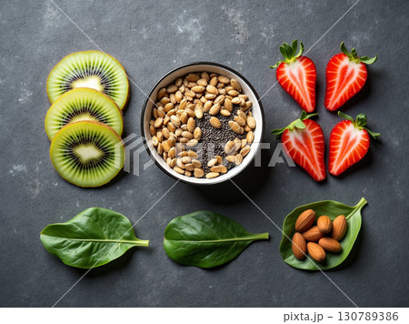 Overhead Flat Lay Arrangement of Fresh Fruit and Healthy Nutrients 130789386
