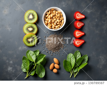 Fresh Sliced Kiwi Almond Strawberry and Seeds Still Life Arrangement 130789387