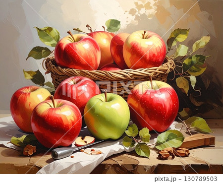 籠に入った赤と緑のりんご 静物画 背景素材 130789503