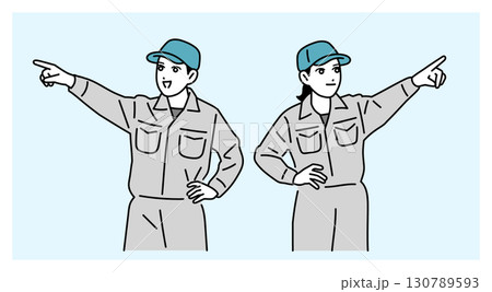 遠くを指差す作業員の男女のイラスト 130789593