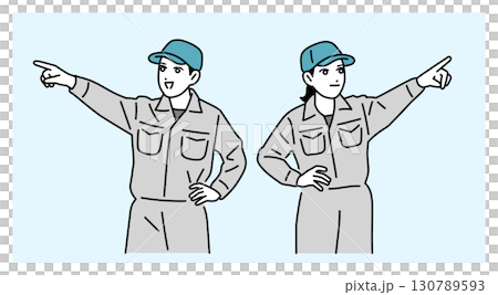 遠くを指差す作業員の男女のイラスト 130789593