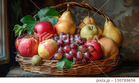 Fresh Fruits in a Rustic Basket with Natural Greenery Decor Fresh Fruits in a Rustic Basket with Natural Greenery Decor 130789656