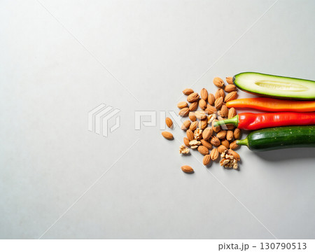 Minimalist Flat Lay of Fresh Raw Food: Vegetables and Almonds 130790513