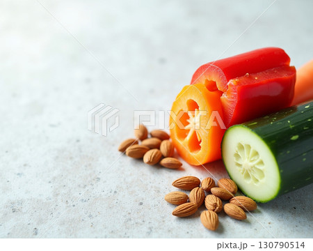 Close Up Fresh Cut Raw Vegetables and Almonds on Grey Surface 130790514