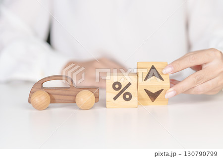 Percentage block change to UP and Down arrow with car model. Car loan and debt, Interest rate, Insurance, Financial, vehicle Repair, Automobile Tax, mortgage and economic recession 130790799