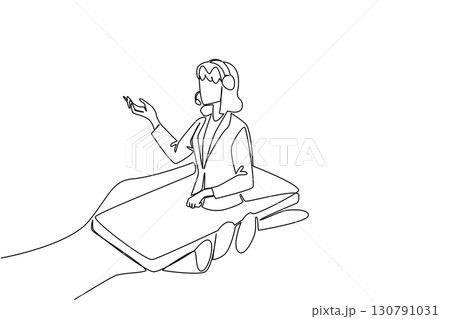 Continuous one line drawing hand hold smartphone with female customer support coming out of screen. Mobile application. International Customer Support Day. Single line draw design vector illustration Continuous one line drawing hand hold smartphone with female customer support coming out of screen. Mobile application. International Customer Support Day. Single line draw design vector illustration 130791031