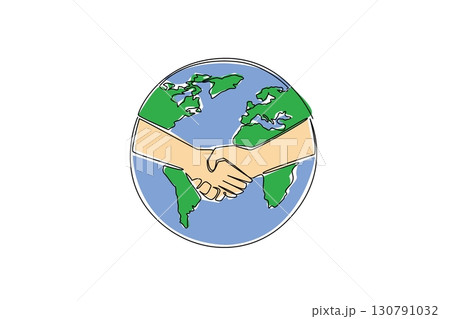 Single one line drawing globe and in the middle there are 2 hands shaking hands. The buying and selling business is conducted online. World Fair Trade Day. Continuous line design graphic illustration Single one line drawing globe and in the middle there are 2 hands shaking hands. The buying and selling business is conducted online. World Fair Trade Day. Continuous line design graphic illustration 130791032