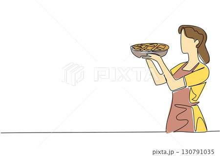 Single continuous line drawing a woman wearing an apron holds an apple pie on a round tray. The finished dough is immediately baked. Tasty. National Apple Pie Day. One line design vector illustration 130791035