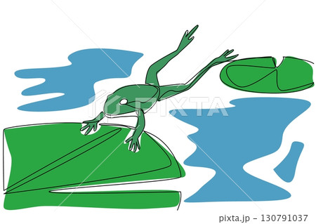 Continuous one line drawing frogs jump from one lotus leaf to another. Looking for mosquitoes. Swimming. Lowers body temperature. National Frog Jumping Day. Single line draw design vector illustration 130791037