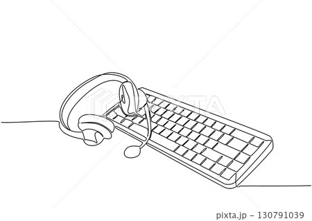 Single continuous line drawing headphones with mic above the keyboard. Equipment as a helpdesk officer. Call center. Hotline. International Customer Support Day. One line design vector illustration 130791039