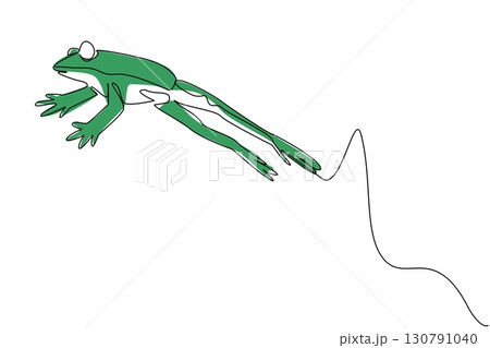 Single one line drawing jumping frog. Jumping to hunt prey to eat. Jumping to the water hole and swimming. Jumping in the wild. National Frog Jumping Day. Continuous line design graphic illustration Single one line drawing jumping frog. Jumping to hunt prey to eat. Jumping to the water hole and swimming. Jumping in the wild. National Frog Jumping Day. Continuous line design graphic illustration 130791040