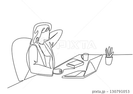 Continuous one line drawing a businesswoman is holding the back of her neck with both hands. Drink little, work a lot. Pain. Fibromyalgia Awareness Day. Single line draw design vector illustration Continuous one line drawing a businesswoman is holding the back of her neck with both hands. Drink little, work a lot. Pain. Fibromyalgia Awareness Day. Single line draw design vector illustration 130791053