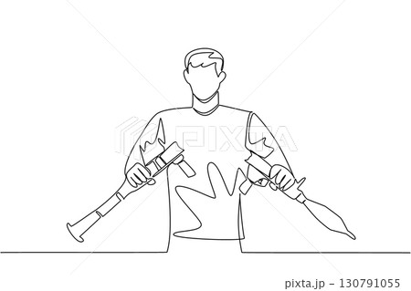 Single continuous line drawing a young man in casual clothes holding and breaking an rpg with both hands. Wanting peace. International Conscientious Objectors Day. One line design vector illustration 130791055